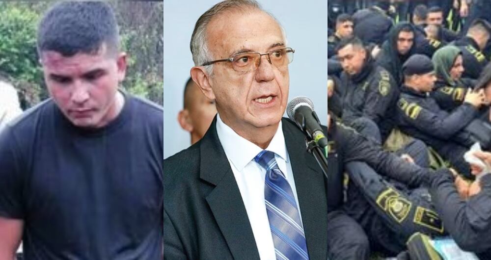 En el centro, Iván Velásquez, ministro de Defensa. A los lados, los policías secuestrados en Caquetá.