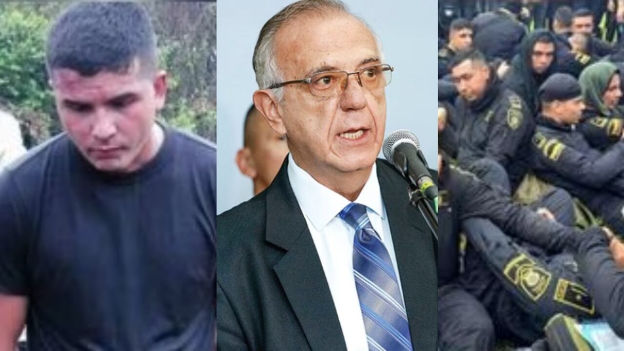 En el centro, Iván Velásquez, ministro de Defensa. A los lados, los policías secuestrados en Caquetá.