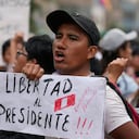 Un simpatizante del derrocado presidente peruano Pedro Castillo sostiene un cartel con un mensaje que dice en español: "Libertad para el presidente" afuera de la base policial donde está detenido Castillo luego de su arresto, en las afueras de Lima, Perú, el jueves 21 de diciembre de 2019. (AP Photo/Martin Mejia)
