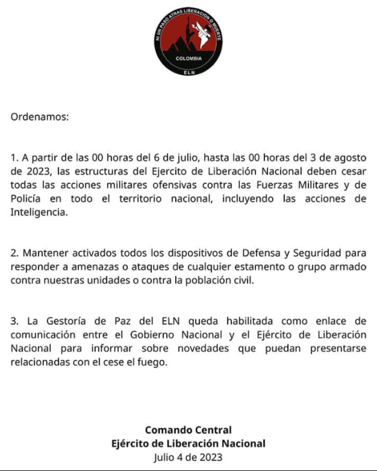 ELN anunció cese al fuego bilateral a partir del 6 de julio tras un acuerdo con el Gobierno Nacional.