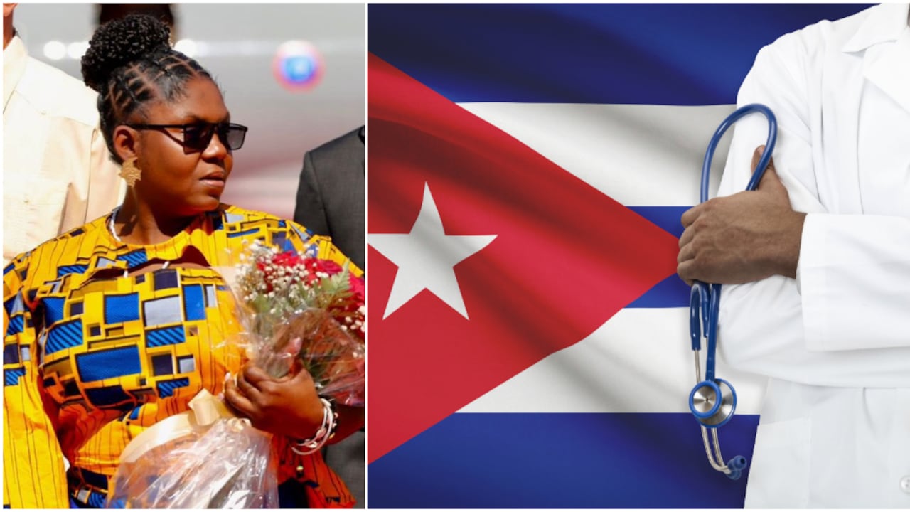 La vicepresidenta colombiana Francia Márquez (de amarillo y gafas de sol) llegando a La Habana (Cuba). A la derecha, la bandera de Cuba y una imagen de referencia de un médico