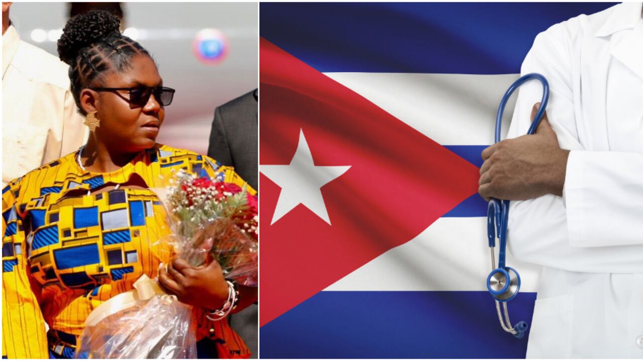 La vicepresidenta colombiana Francia Márquez (de amarillo y gafas de sol) llegando a La Habana (Cuba). A la derecha, la bandera de Cuba y una imagen de referencia de un médico