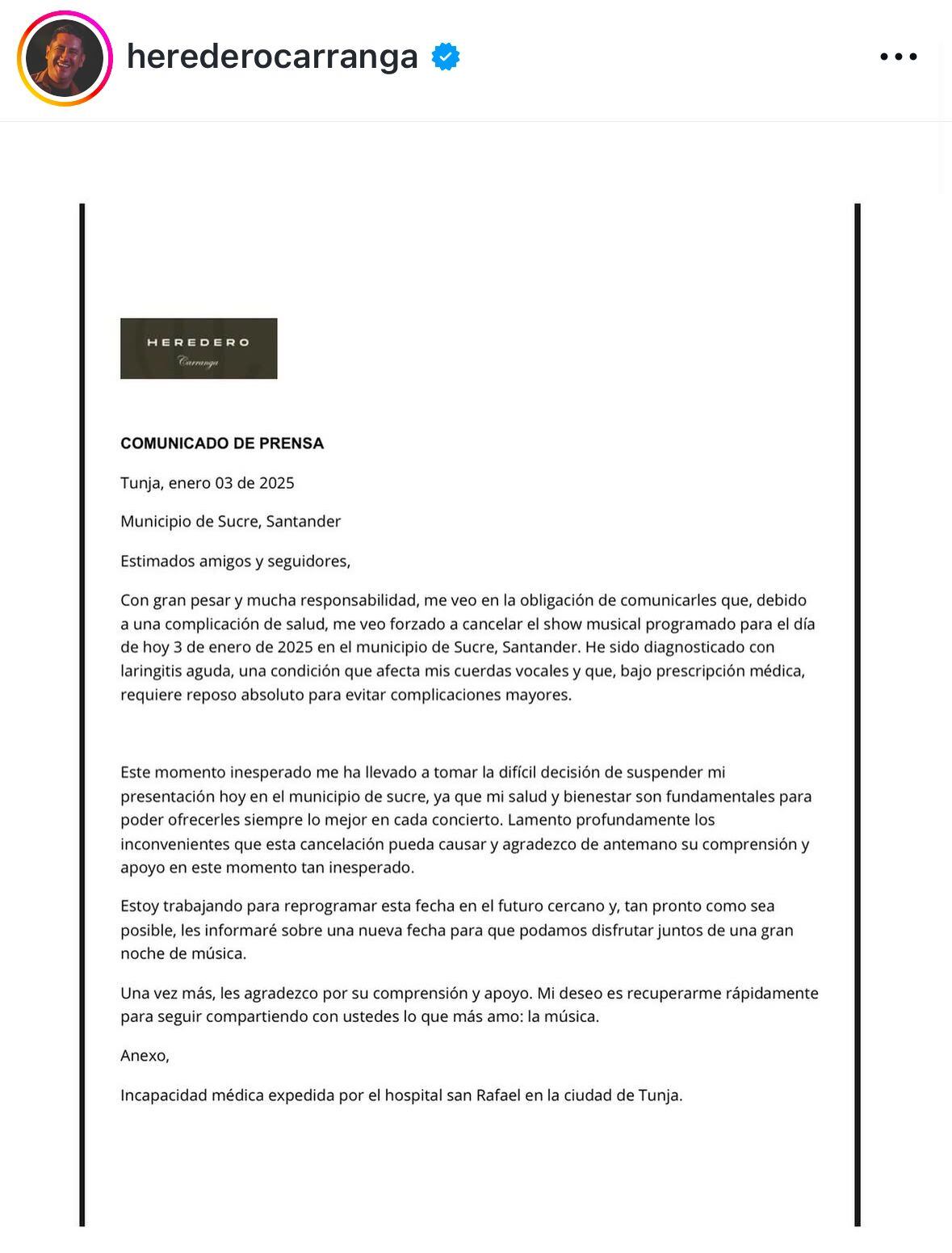 Comunicado oficial con el que el cantante informa su ausencia en el concierto del 3 de enero.