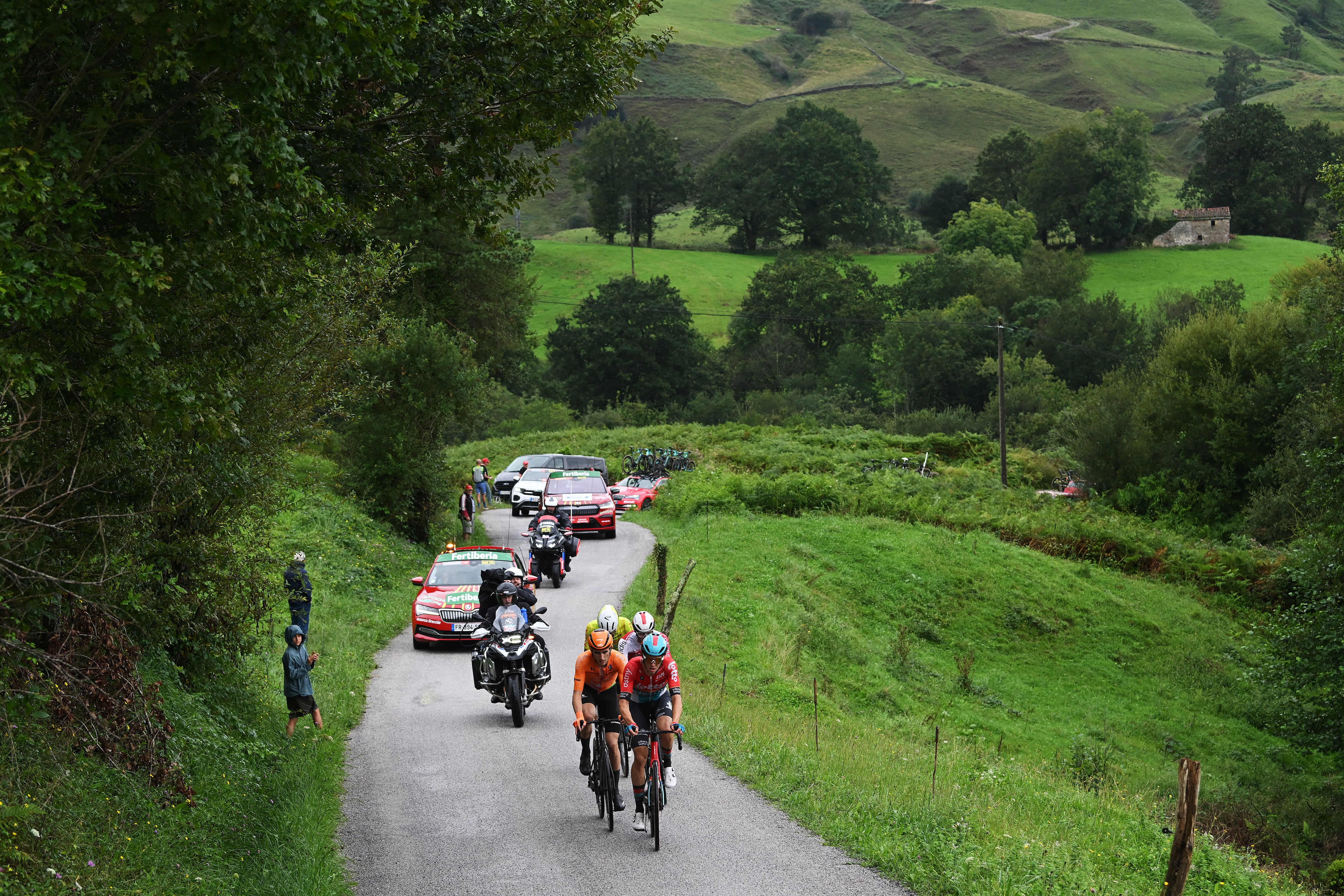 SANTANDER, SPAIN - SEPTEMBER 04: Jonas Gregaard of Denmark and Team Lotto Dstny, Thibault Guernalec of France and Team Arkea B/B Hotels, Thomas Champion of France and Team Cofidis and Xabier Isasa of Spain and Team Euskaltel - Euskadi compete in the breakaway climbing to the Alto de la Estranguada (681m) during the La Vuelta - 79th Tour of Spain 2024, Stage 17 a 141.5km stage Arnuero to Santander / #UCIWT / on September 04, 2024 in Santander, Spain. (Photo by Dario Belingheri/Getty Images)