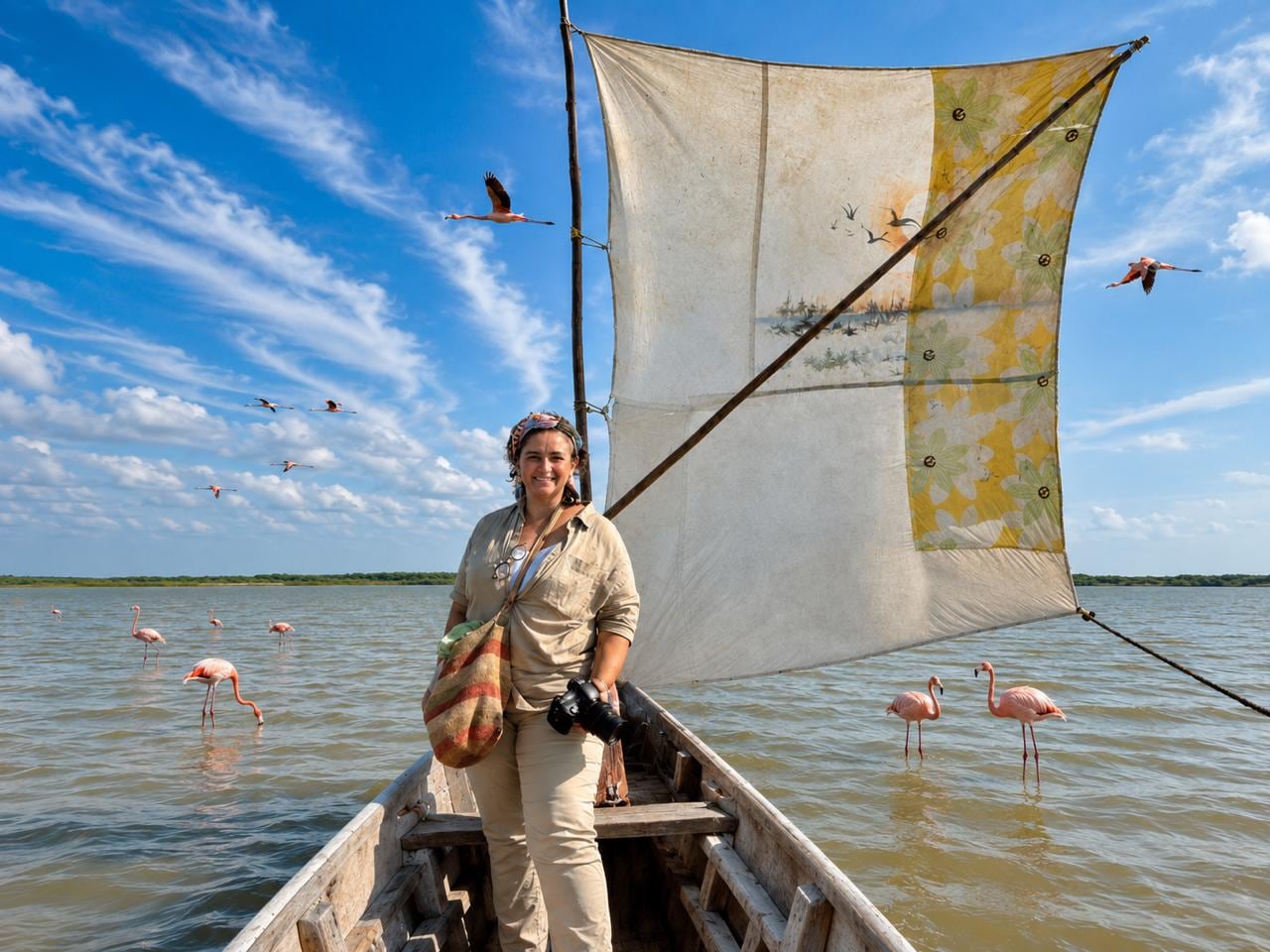Luz Piedad Herrera, Lupi, en reportería en medio de temporada de migración de Flamingos en La Guajira