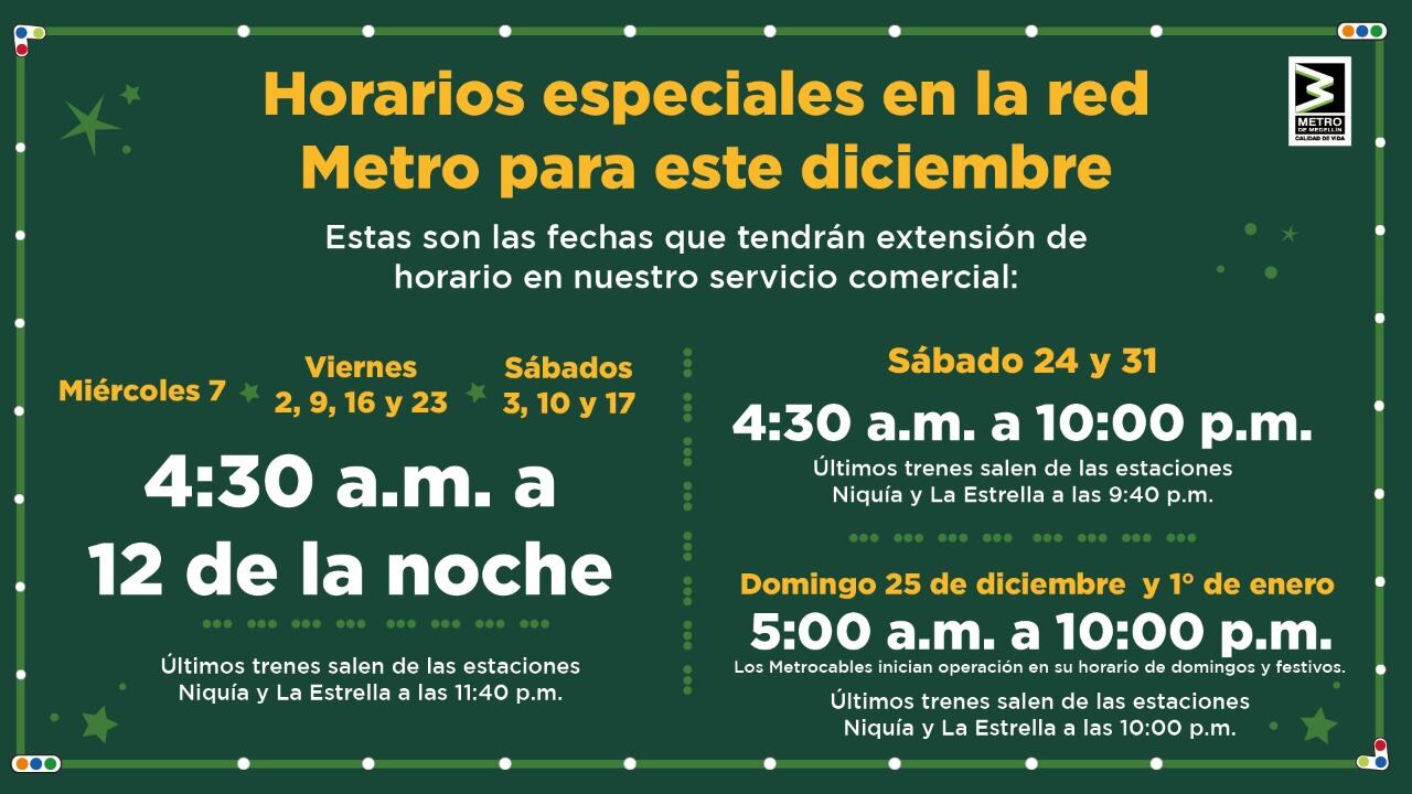 Los horarios del sistema cambiaran los días viernes y sábado, con el fin de que los ciudadanos puedan hacer las compras e ir a disfrutar de los alumbrados sin afanes.
