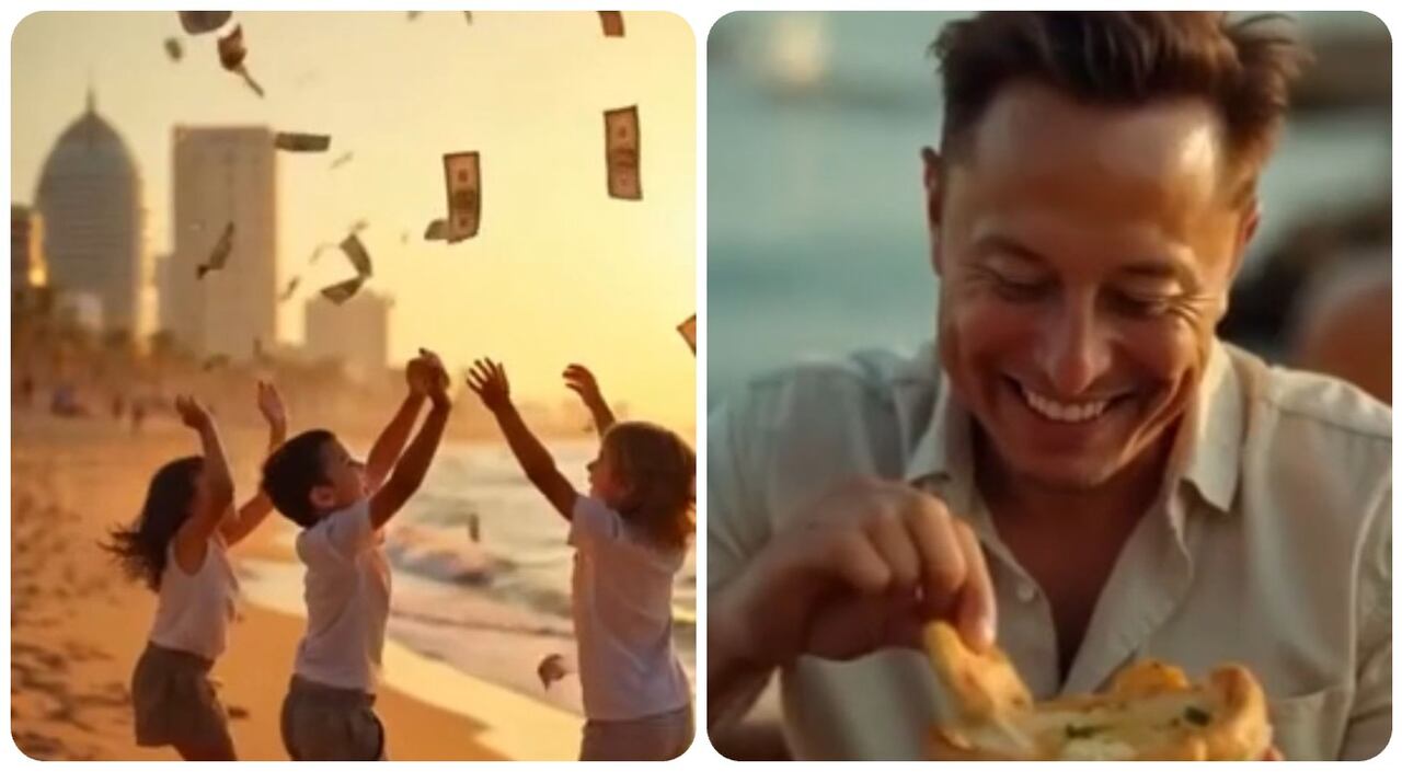 Niños tomando billetes que caen del cielo y Elon Musk disfrutando de la gastronomía en Gaza