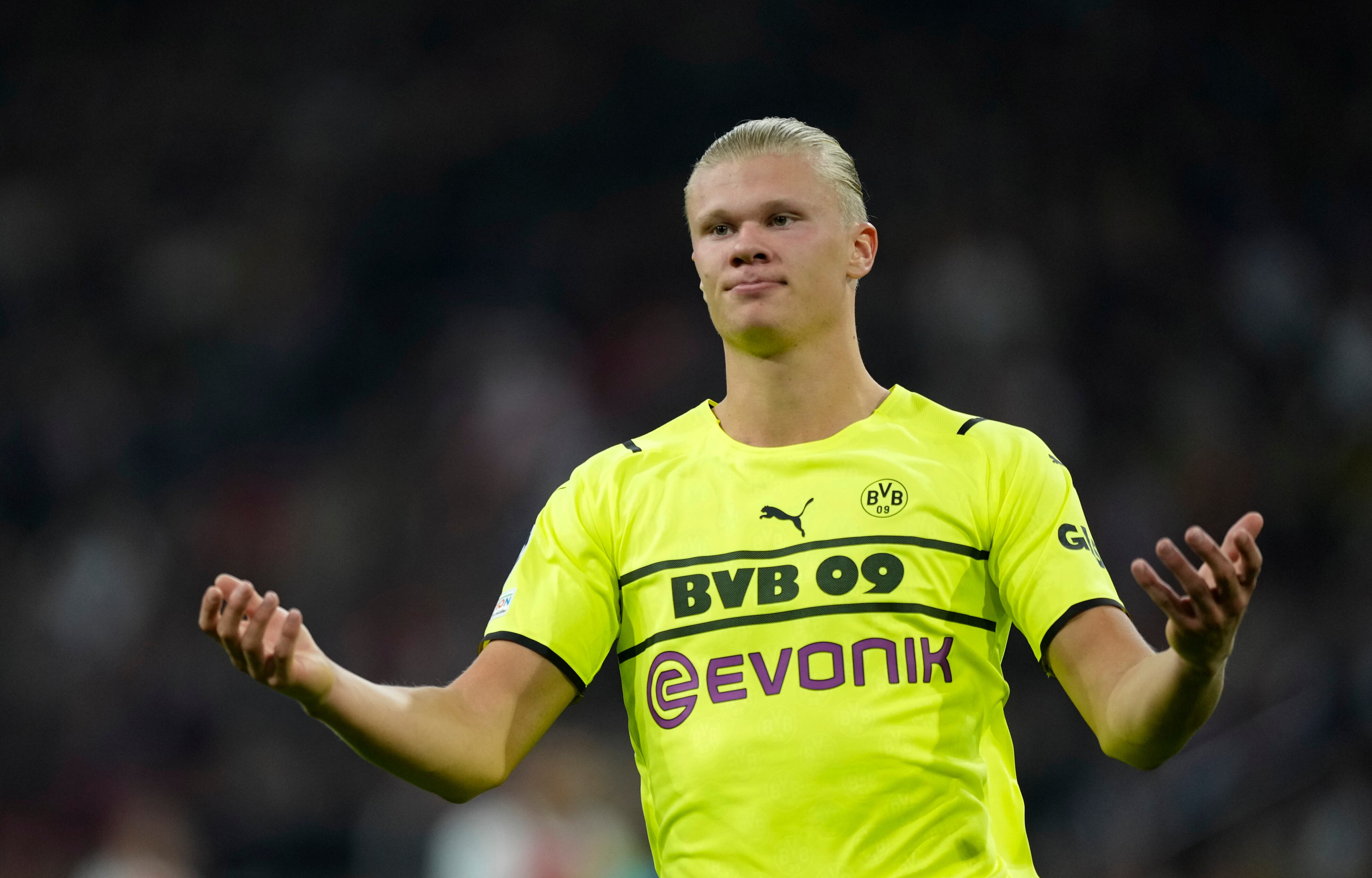 Dortmund's Erling Haaland reacts during the Champions League group C soccer match between Ajax and Borussia Dortmund at the Johan Cruyff ArenA in Amsterdam, Netherlands, Tuesday, Oct. 19, 2021. (AP Photo/Peter Dejong)