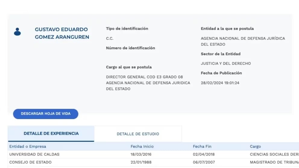 Gómez Aranguren es abogado de la Universidad del Cauca con especialización en Derecho Administrativo de la Universidad Santo Tomás.