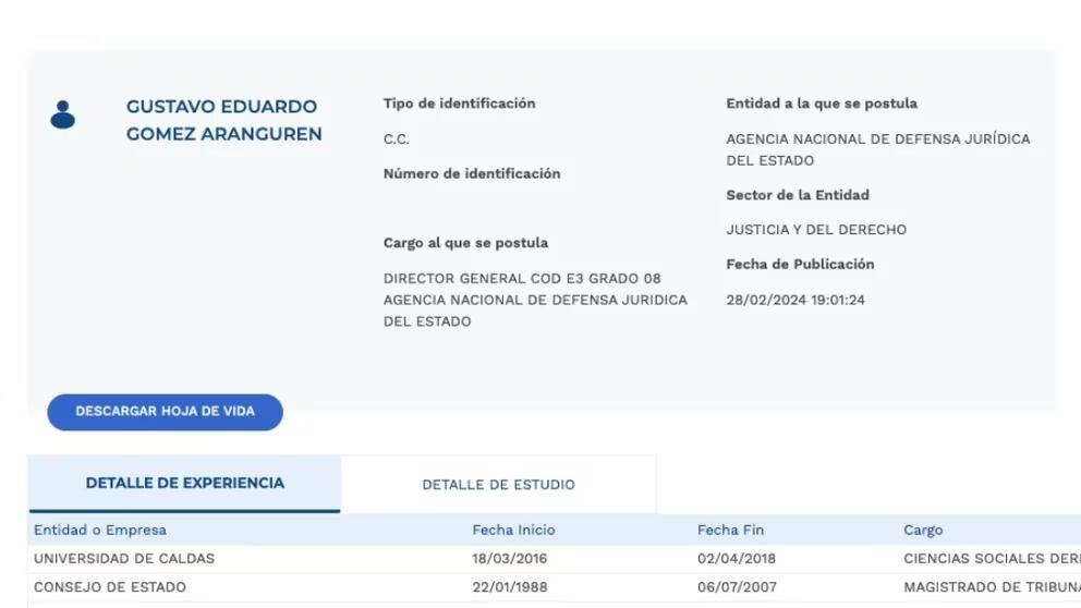 Gómez Aranguren es abogado de la Universidad del Cauca con especialización en Derecho Administrativo de la Universidad Santo Tomás.