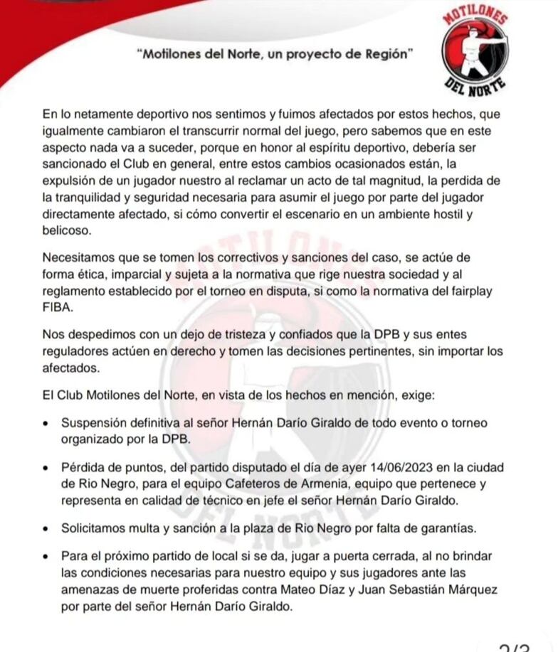 Peticiones de los Motilones de Cúcuta para los entes rectores del baloncesto colombiano, esto por la amenaza de Hernán Darío Giraldo, DT de Cafeteros.
