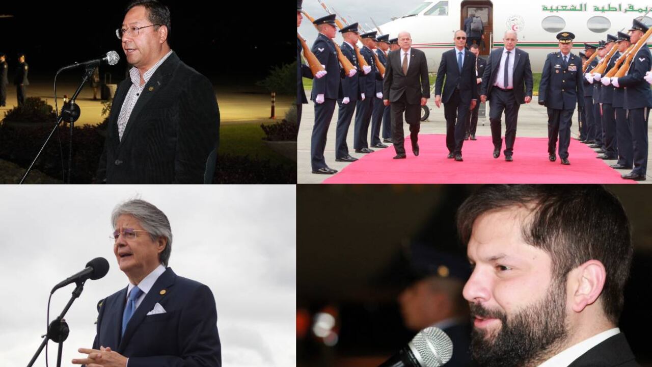 En la imagen: Luis Arce, presidente de Bolivia (superior izquierda), Pte Sen Argelia Brahim Boughali (superior derecha), Guillermo Lasso, presidente Ecuador (inferior izquierda) y Gabriel Boric, presidente de Chile (inferior derecha).