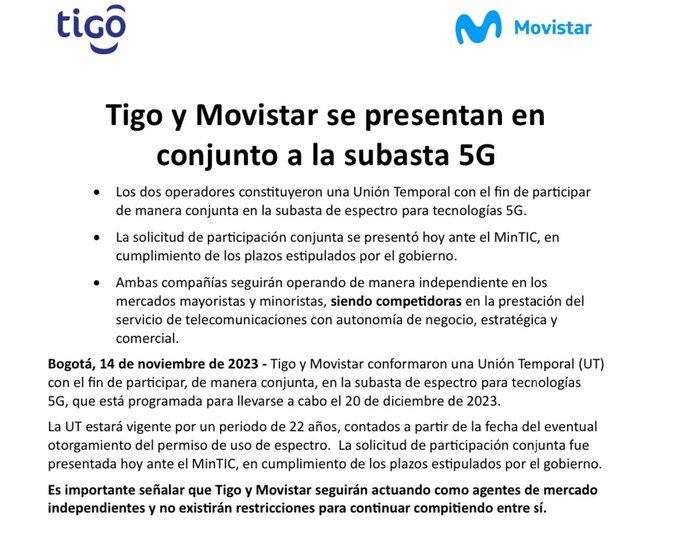 Comunicado Tigo y Movistar sobre la Unión Temporal.