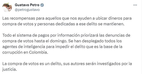 Publicación del presidente Petro en X.