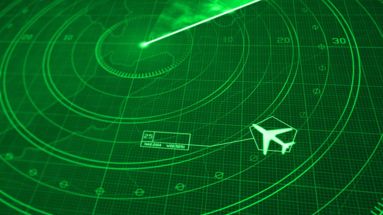 Commercial airplane icon locked on a radar simulation with green display, showing a glowing grid with digital coordinates and positioning numbers. Scanner axis is visible while spinning around the center. Jetliner is targeted and identified with symbols and numbers. Diminishing perspective with selective focus.