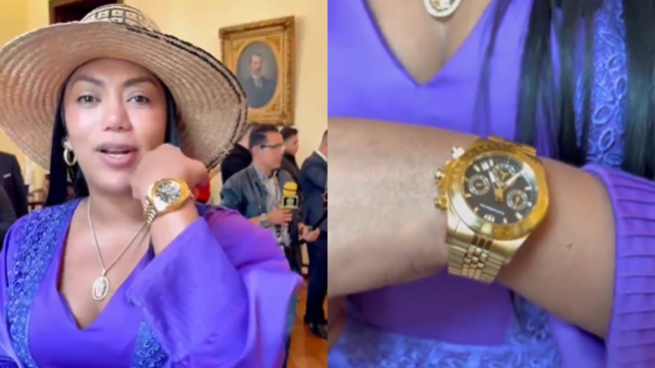 La senadora Martha Peralta enseñando el reloj.