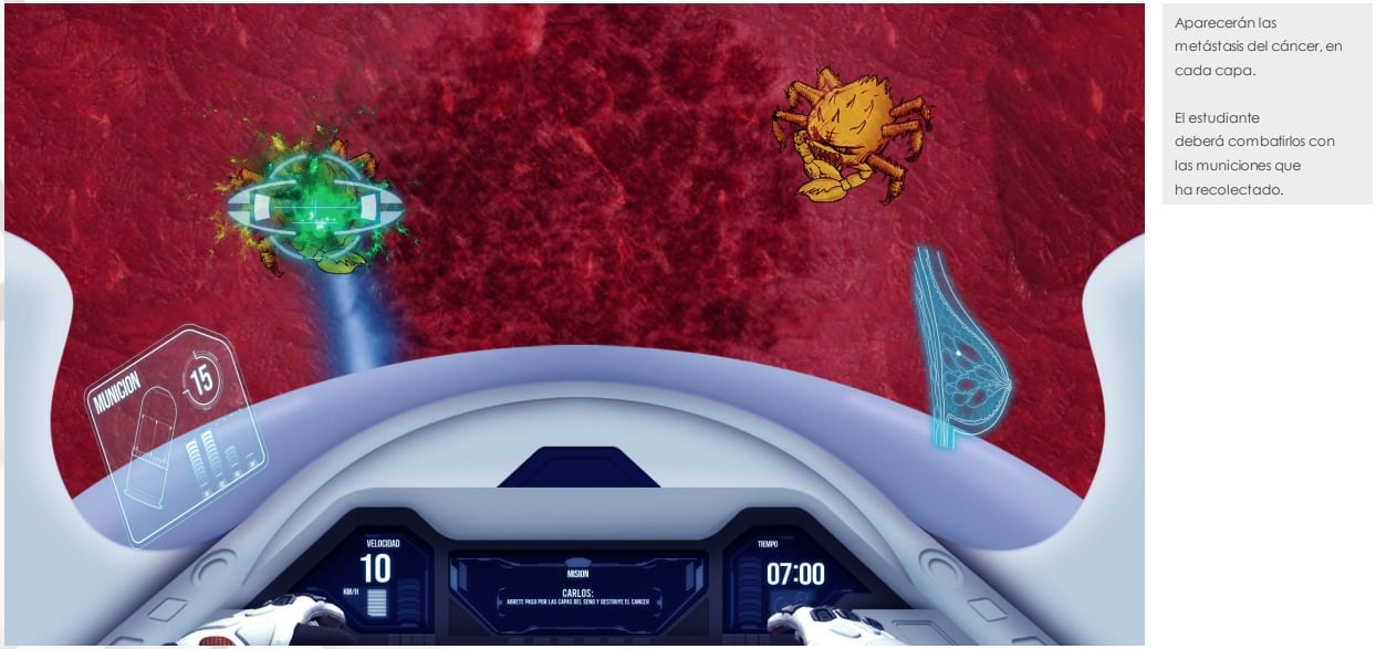 El video juego Nanocirujanos está diseñado para que los estudiantes apliquen la teoría sobre 
glándula mamaria y funcionamiento linfático.