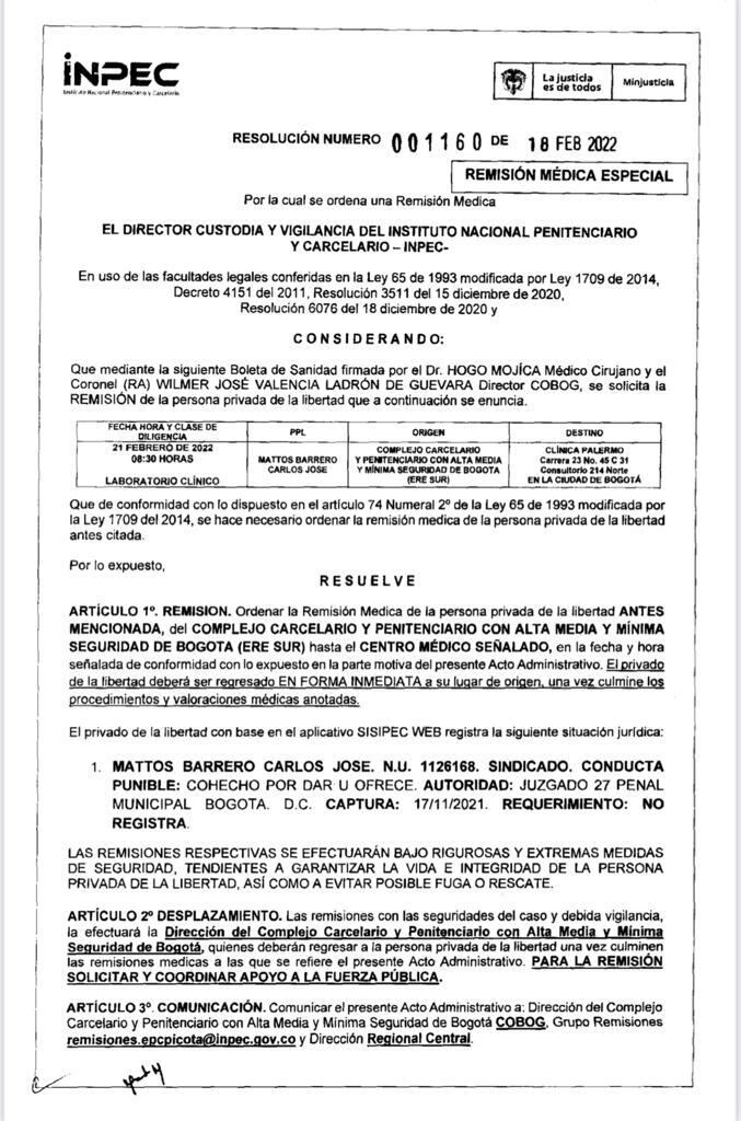 La orden que autorizó la salida de Carlso Mattos de la cárcel