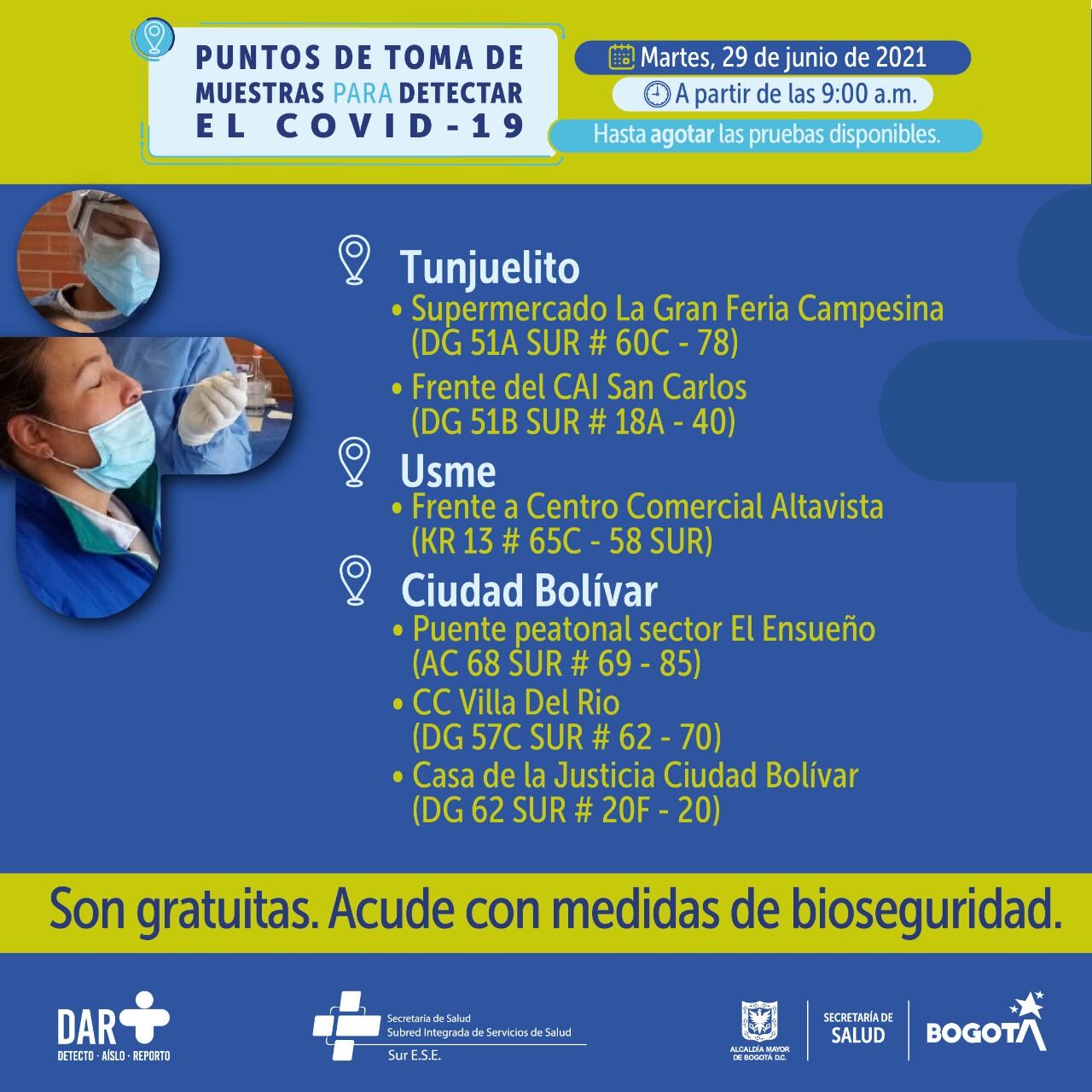 Dónde hacen pruebas gratis de COVID-19 en Bogotá este martes 29 de junio