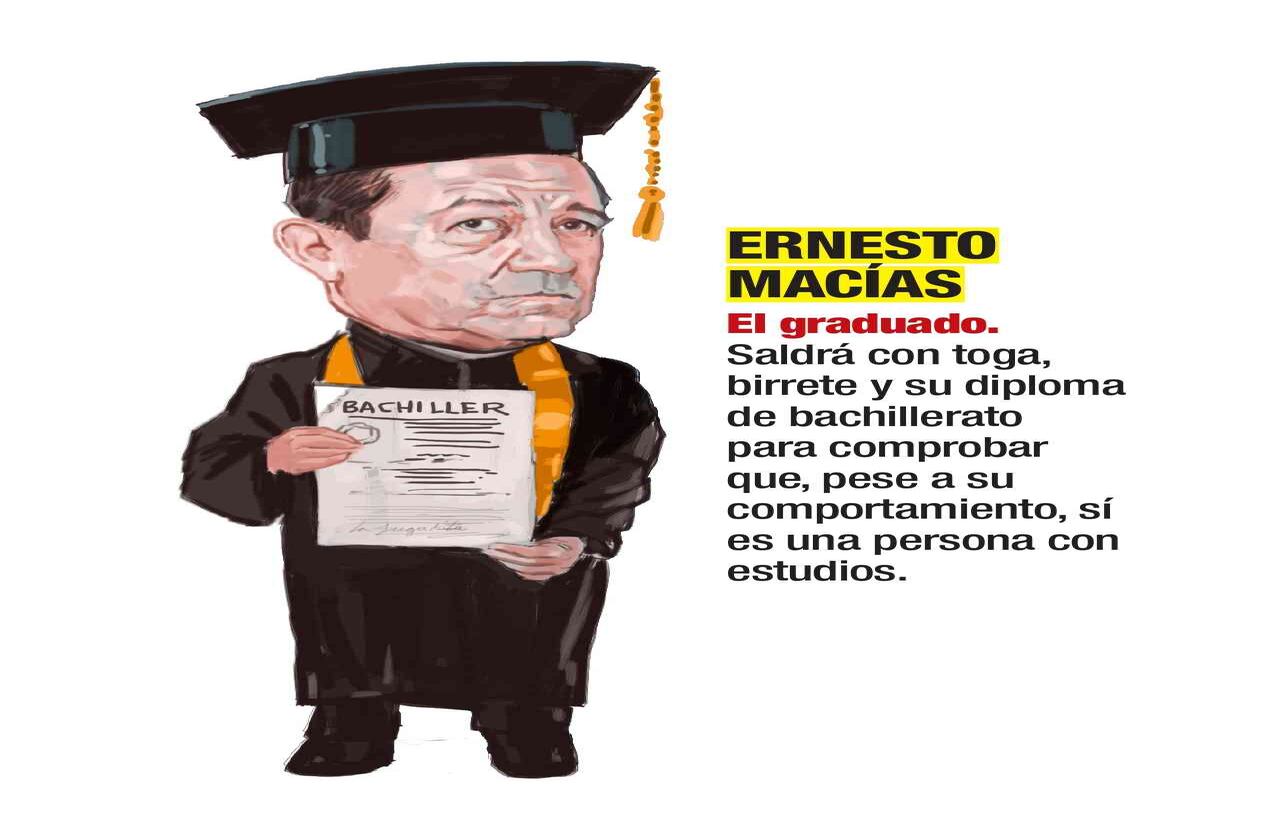 Ernesto Macías, El graduado. Saldrá con toga, birrete y su diploma de bachillerato para comprobar que, pese a su comportamiento, sí es una persona con estudios. Caricatura: Jorge Restrepo
