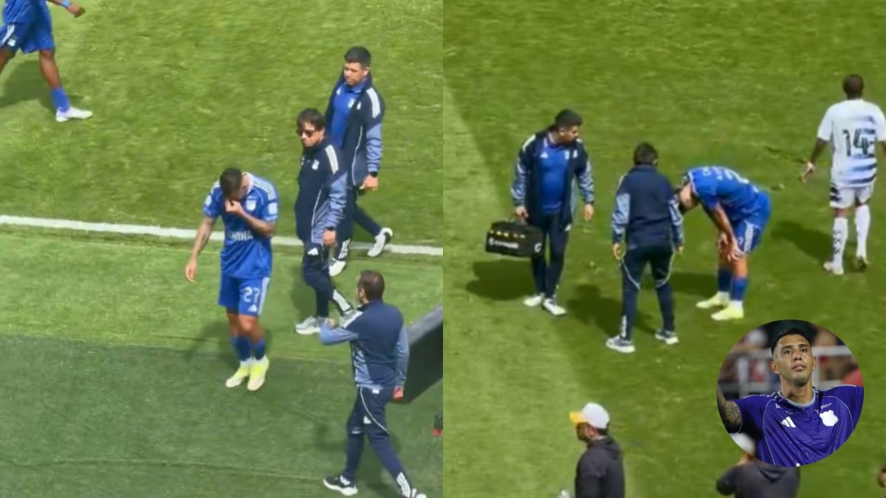 Rodrigo Contreras saliendo lesionado del partido contra Boyacá Chicó.
