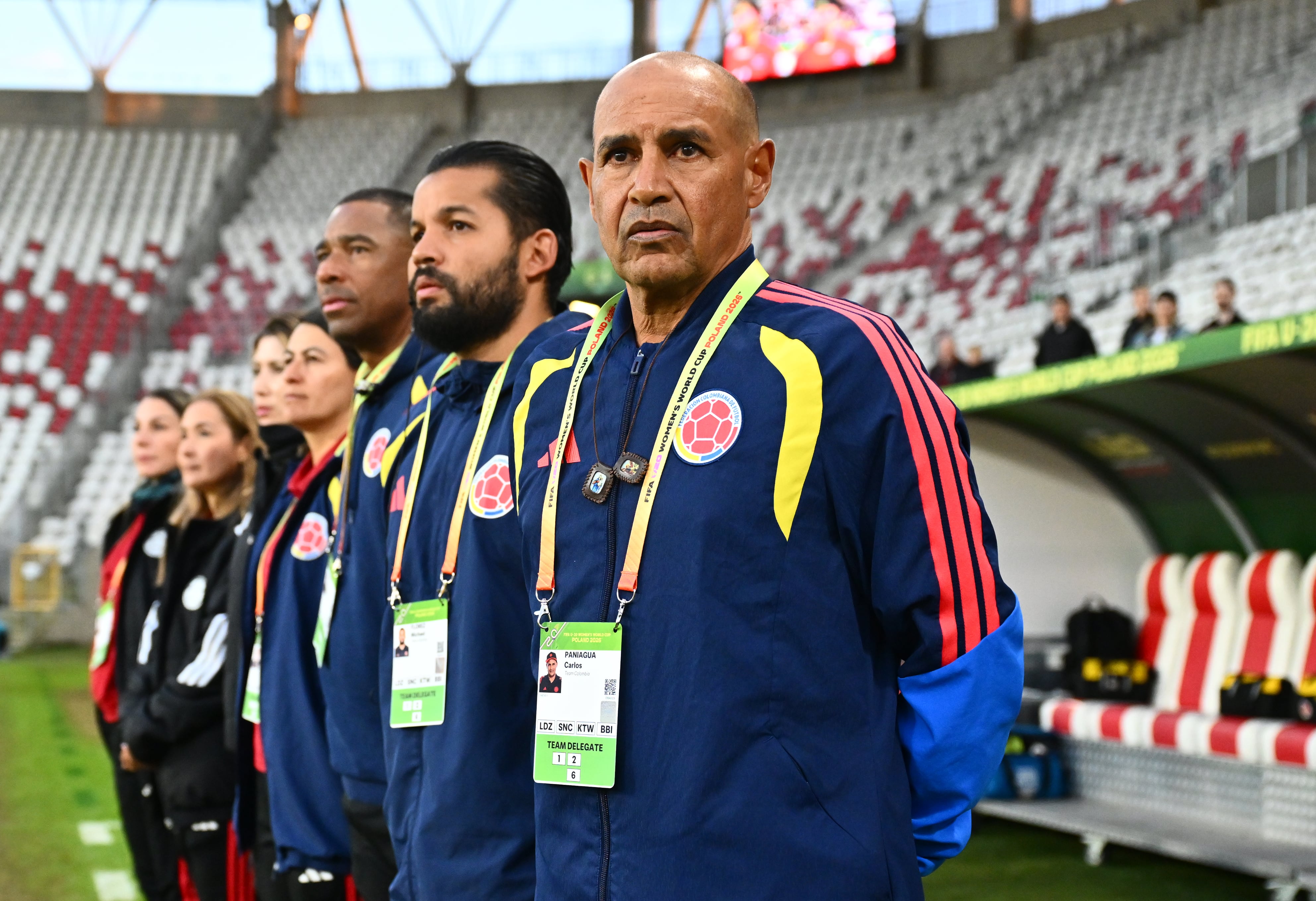 LODZ, POLAND - SEPTEMBER 23: Carlos Paniagua, Head Coach of Colombia, looks on during the national anthems before the FIFA U20 Womens World Cup semi-final match between DPR Korea and Colombia at Stadion Miejski LKS Lodz on September 23, 2026 in Lodz, Poland. (Photo by Mateusz Slodkowski - FIFA/FIFA via Getty Images)