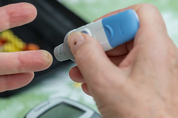 PFULLENDORF, GERMANY - JULY 28: (BILD ZEITUNG OUT) A blood glucose measurement is being performed on July 28, 2020 in Pfullendorf, Germany. (Photo by Harry Langer/DeFodi Images via Getty Images)
