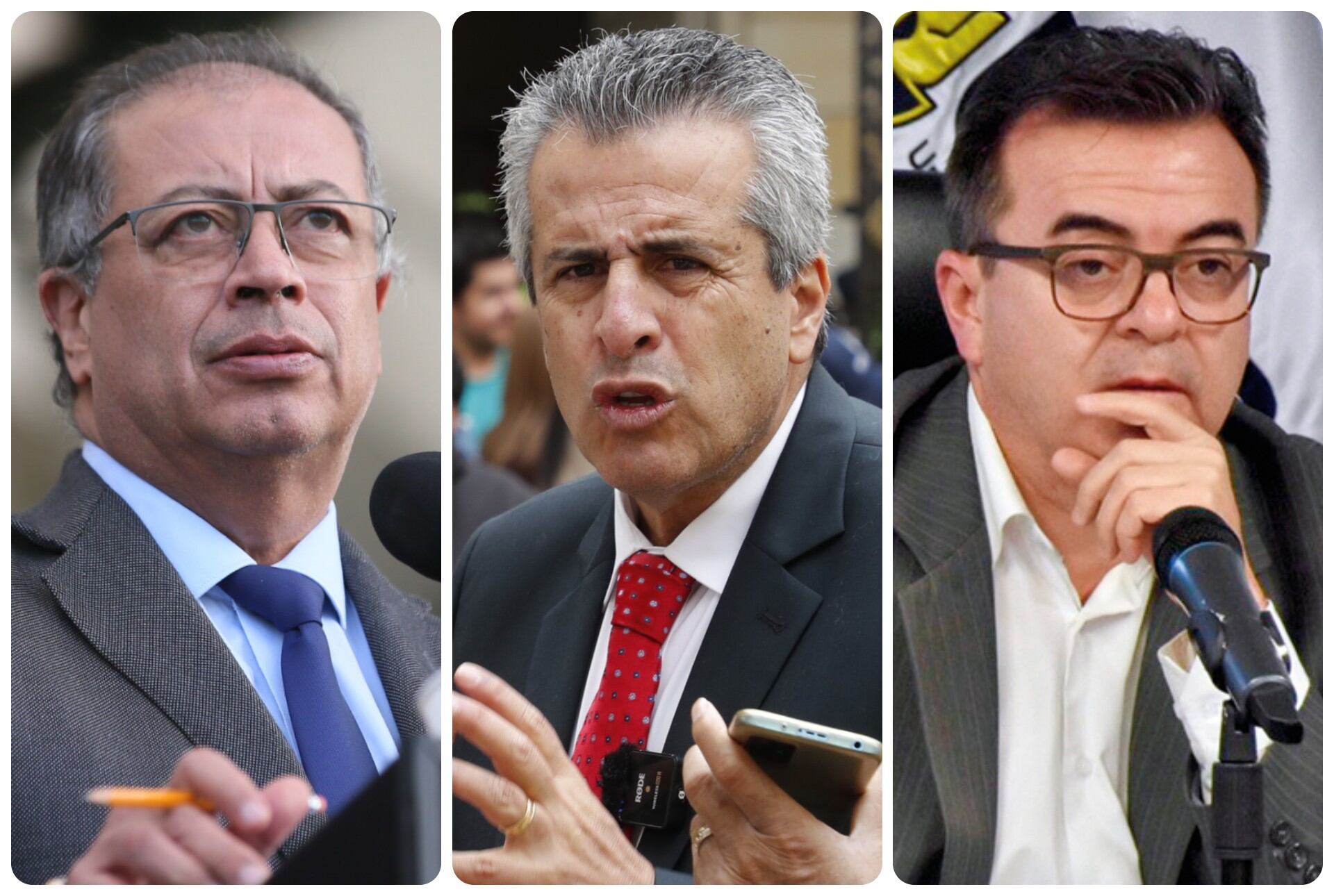 El presidente de la República, Gustavo Petro; el ministro del Interior saliente, Luis Fernando Velasco; y el exdirector de la UNGRD Olmedo López.