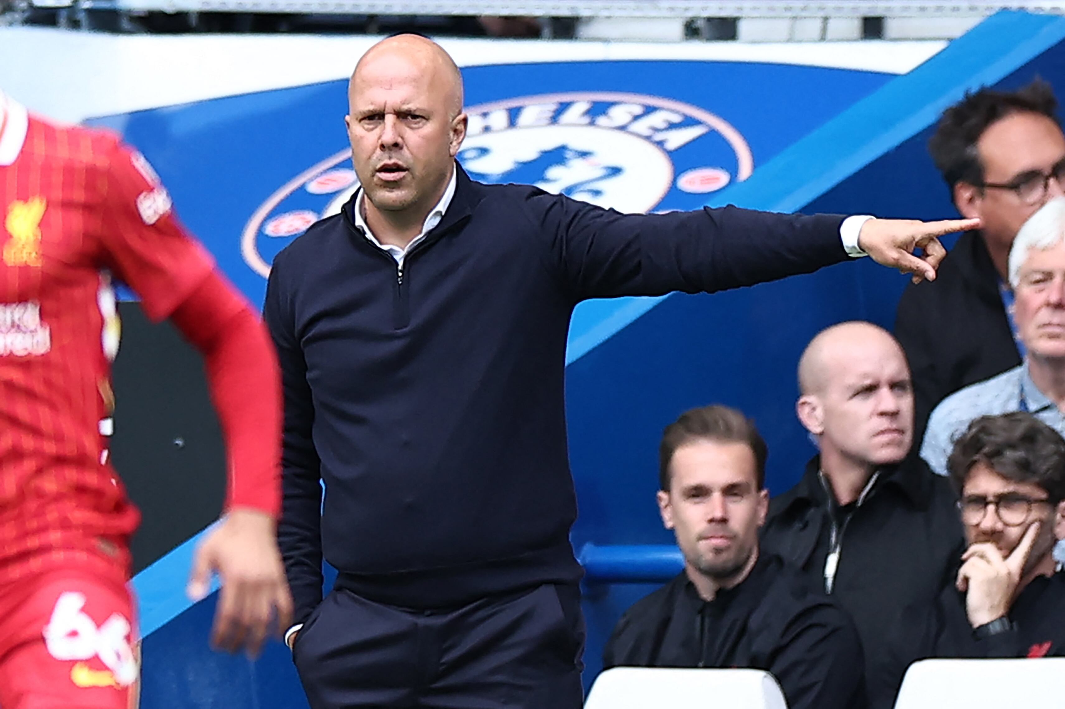 Liverpool's Dutch manager Arne Slot gestures on the touchline during the English Premier League football match between Chelsea and Liverpool at Stamford Bridge in London on May 4, 2025. (Photo by HENRY NICHOLLS / AFP) / RESTRICTED TO EDITORIAL USE. NO USE WITH UNAUTHORIZED AUDIO, VIDEO, DATA, FIXTURE LISTS, CLUB/LEAGUE LOGOS OR 'LIVE' SERVICES. ONLINE IN-MATCH USE LIMITED TO 120 IMAGES. AN ADDITIONAL 40 IMAGES MAY BE USED IN EXTRA TIME. NO VIDEO EMULATION. SOCIAL MEDIA IN-MATCH USE LIMITED TO 120 IMAGES. AN ADDITIONAL 40 IMAGES MAY BE USED IN EXTRA TIME. NO USE IN BETTING PUBLICATIONS, GAMES OR SINGLE CLUB/LEAGUE/PLAYER PUBLICATIONS. /
