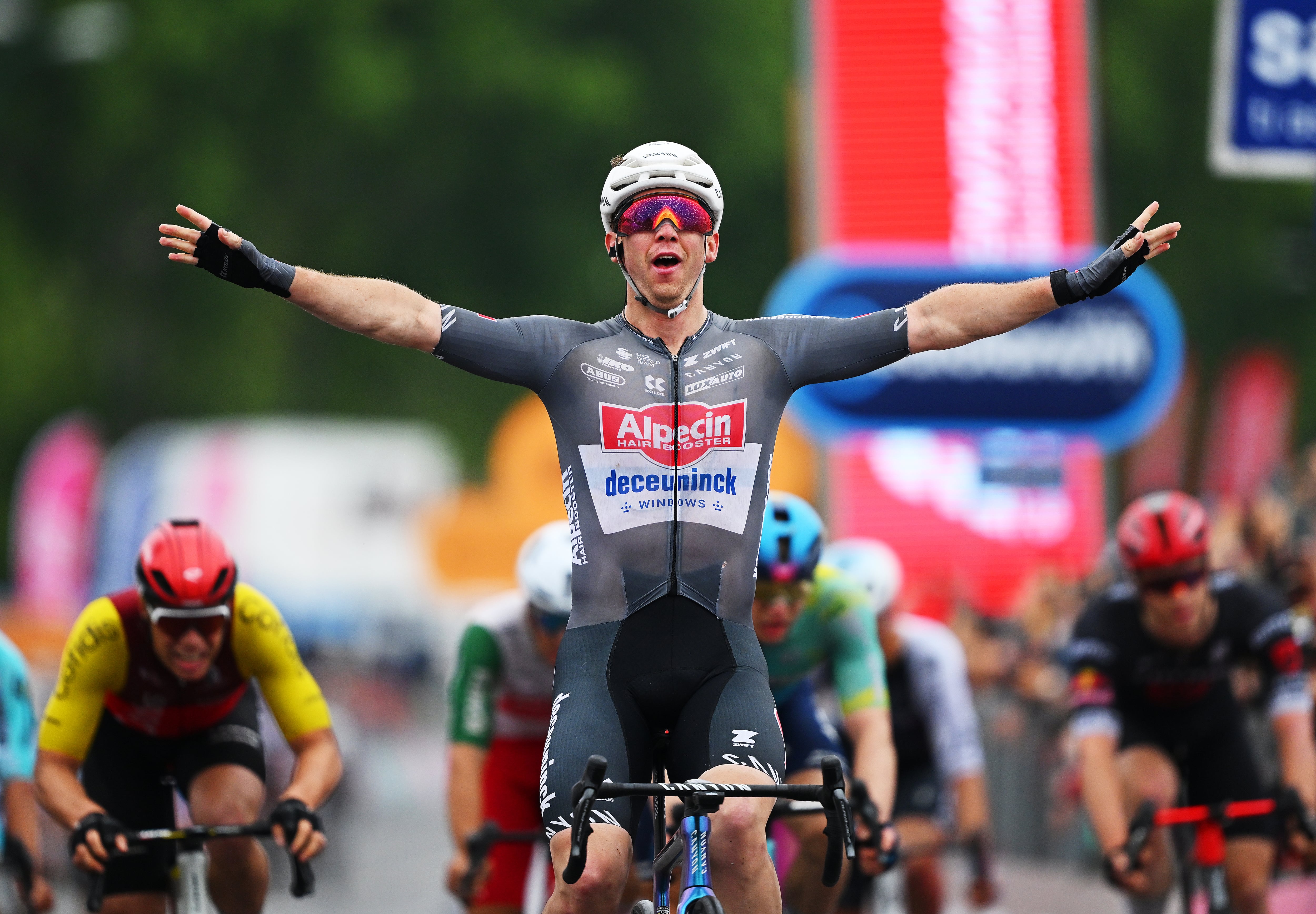 NAPOLI  ITALY - MAY 15: Kaden Groves of Australia and Team Alpecin - Deceuninck celebrates at finish line as stage winner during the 108th Giro d'Italia 2025, Stage 6 a 227km stage from Potenza to Napoli / #UCIWT / on May 15, 2025 in Potenza, Italy. (Photo by Tim de Waele/Getty Images)