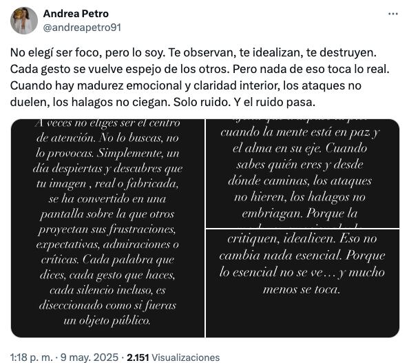 La publicación de Andrea Petro este viernes 9 de mayo.