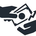 An icon of a hand paying wages with an arrow point upwards to indicate raising of wages.