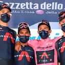 STRADELLA, ITALY - MAY 27: Filippo Ganna of Italy, Jhonnatan Narvaez Prado of Ecuador, Egan Arley Bernal Gomez of Colombia Pink Leader Jersey & Salvatore Puccio of Italy and Team INEOS Grenadiers celebrate at podium Super Team Trophy during the 104th Giro d'Italia 2021, Stage 18 a 231km stage from Rovereto to Stradella / #UCIworldtour / @girodiitalia / #Giro / on May 27, 2021 in Stradella, Italy. (Photo by Stuart Franklin/Getty Images)