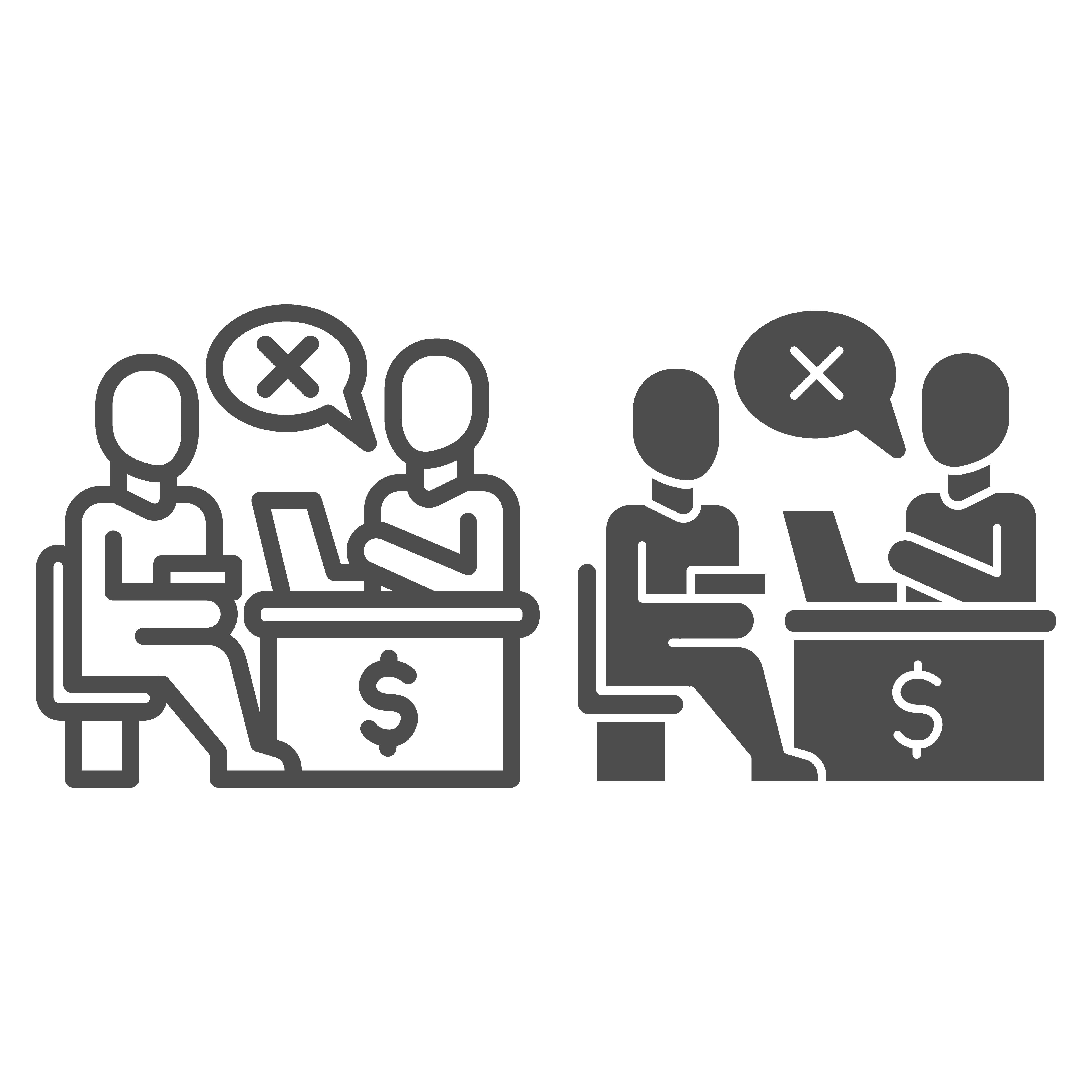 Bank manager refuses a loan for person line and solid icon, Payment problem concept, Loan refusal sign on white background, refuse in credit icon in outline style for mobile and web. Vector graphics