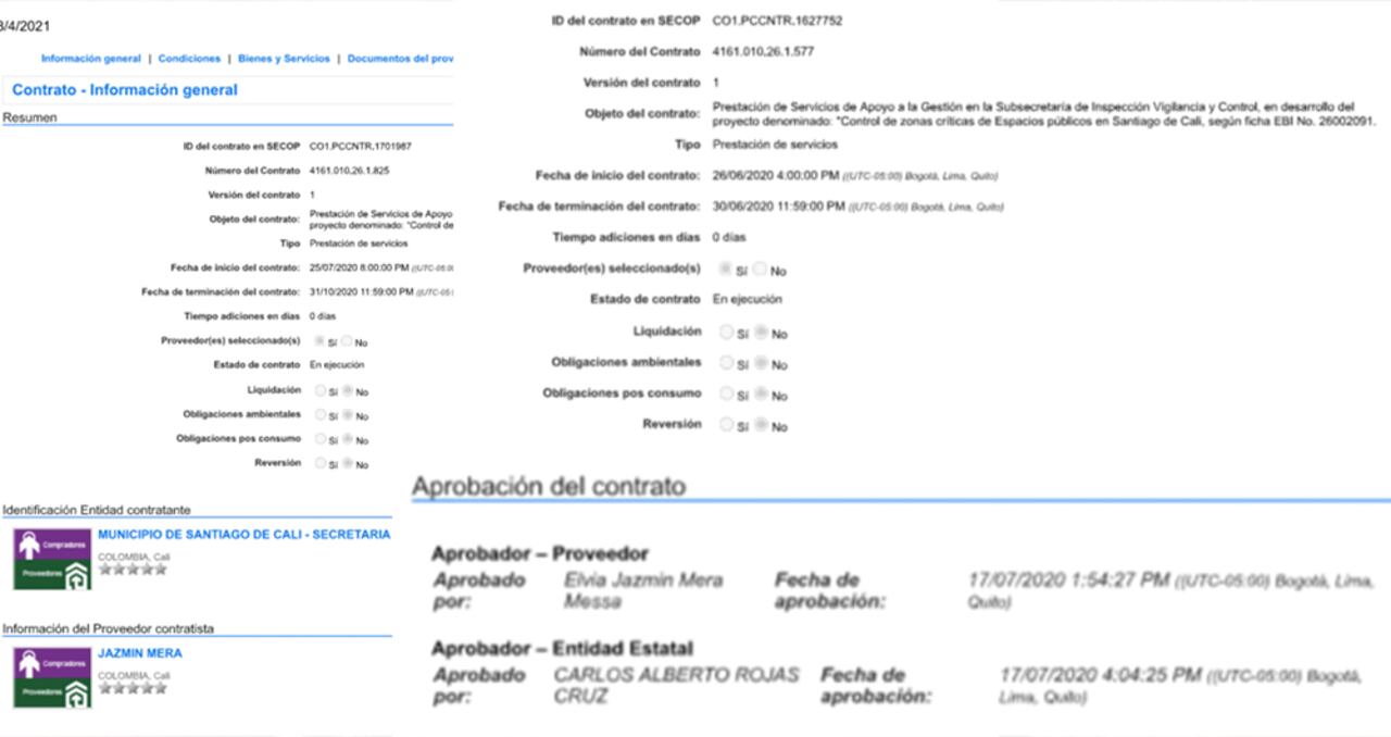 Extractos de los contratos firmados por Elvia Jazmín Mera Messa con la secretaría de Seguridad de Cali.