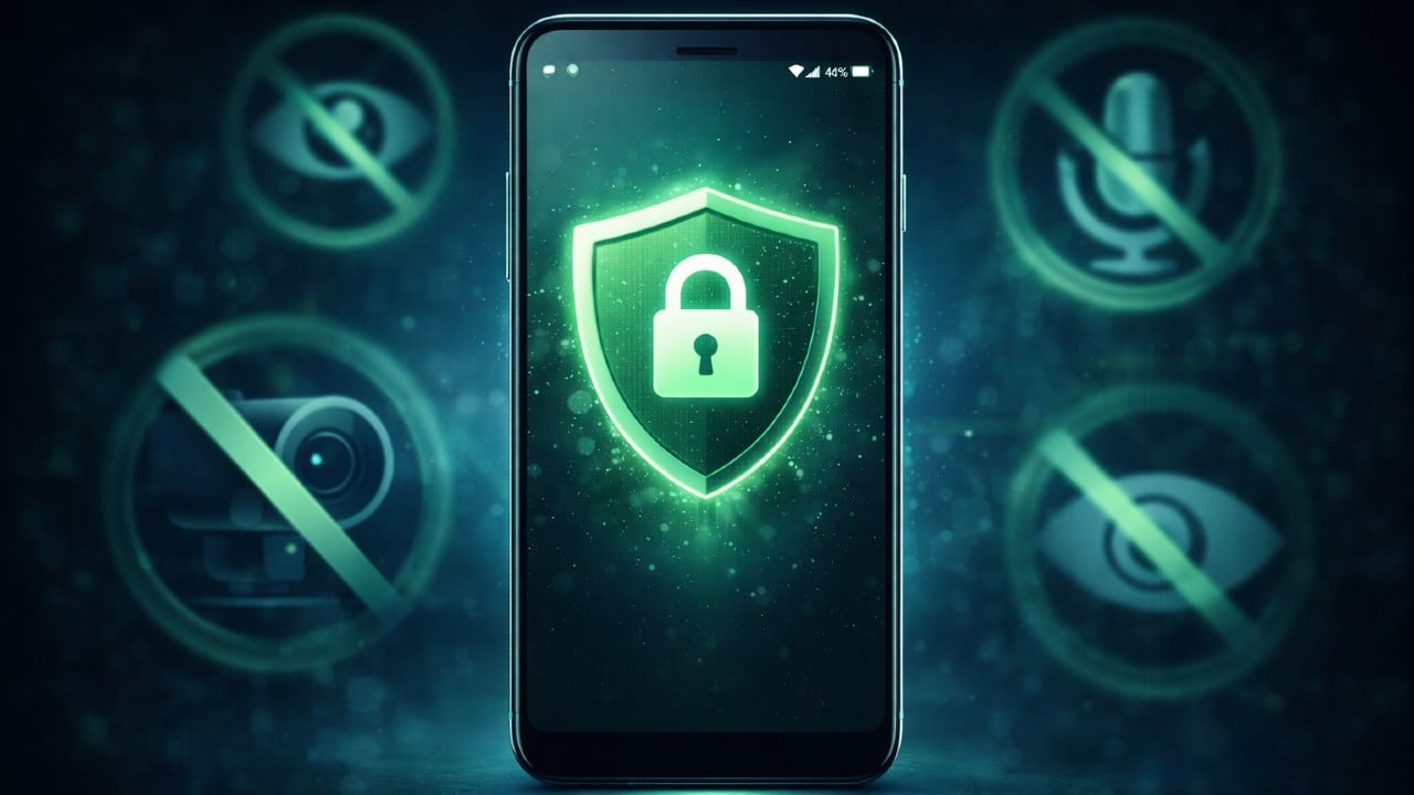 Teléfono Android en primer plano con un escudo y un candado iluminados en la pantalla.