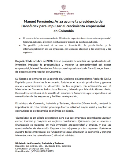 Manuel Fernández Ariza asume la presidencia de
Bancóldex