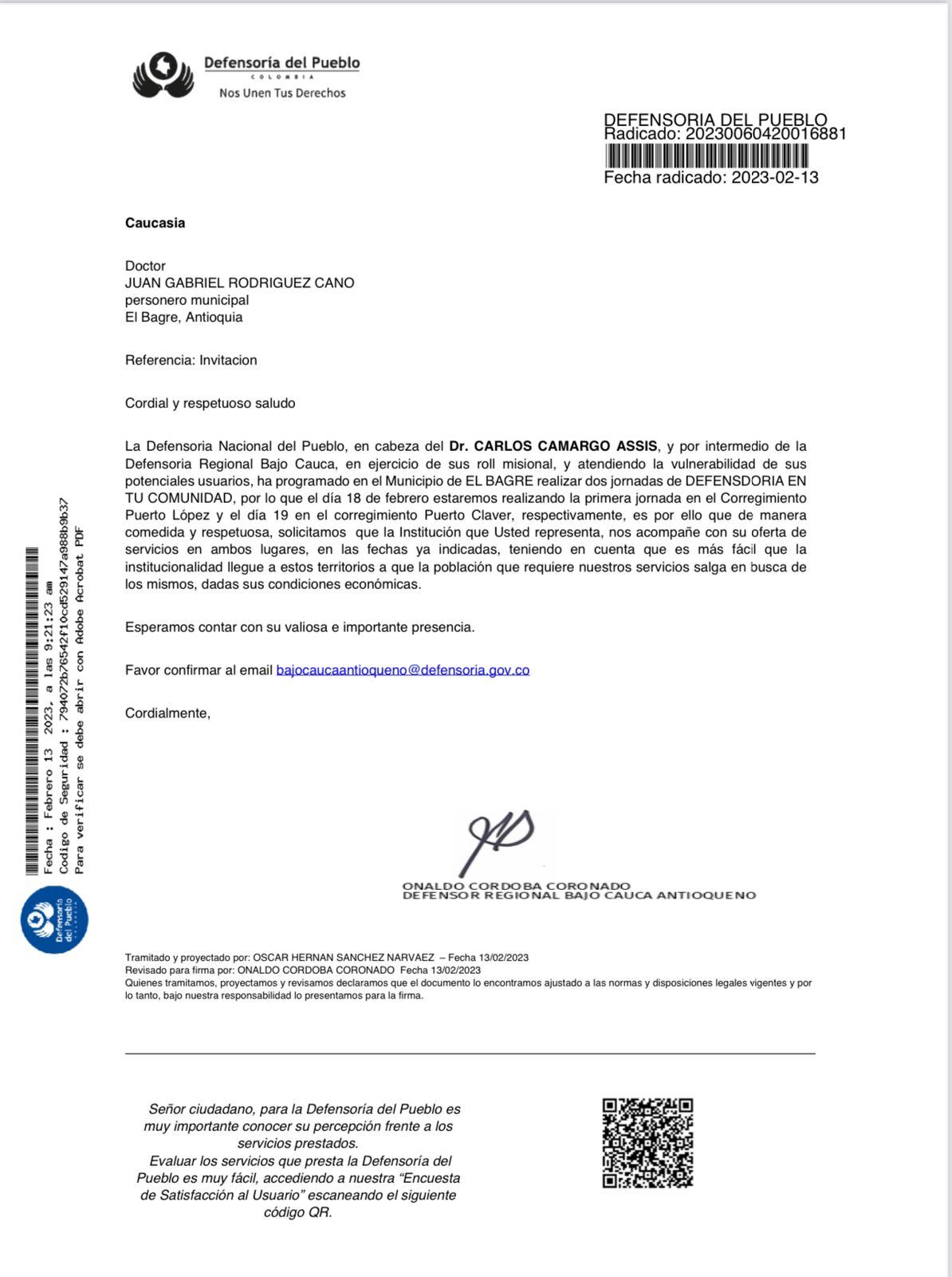 Este es el documento conocido por SEMANA que fue enviado por la Defensoría a la Personaría