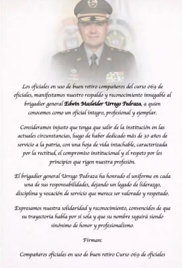Comunicado emitido por los oficiales en uso del buen retiro, donde respaldan a Edwin Urrego.