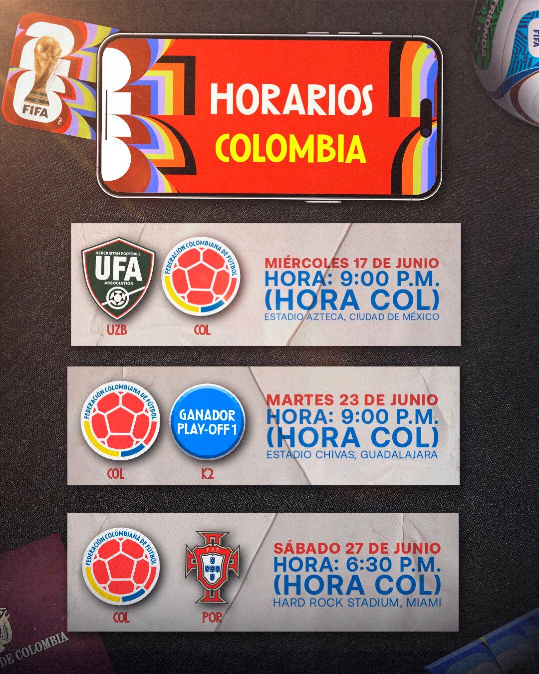 Los rivales y horarios de la Selección Colombia en el Mundial de 2026.