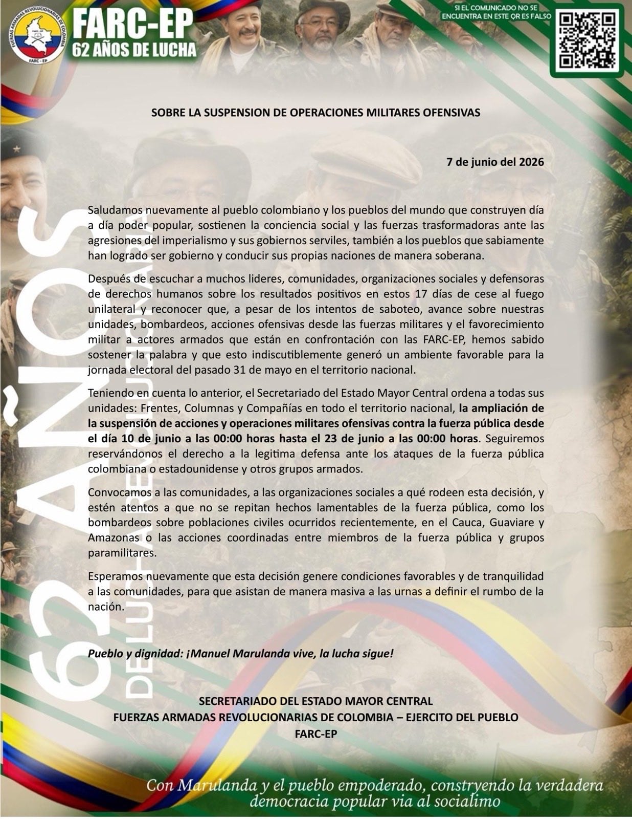 Comunicado disidencias de las Farc.