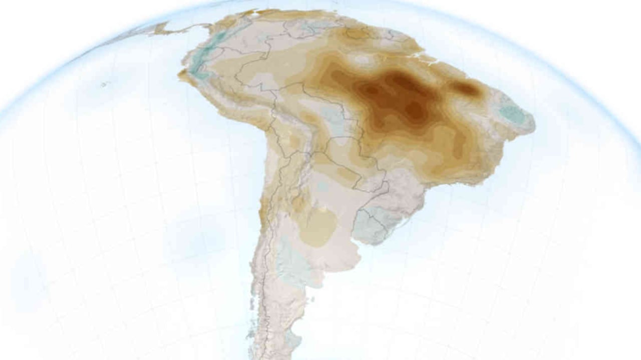 Un mapa de América del Sur que muestra el déficit de presión de vapor. Las áreas más oscuras presentan un déficit mayor. Imagen de Joshua Stevens con datos de Barkhordarian, A., et al. (2019).