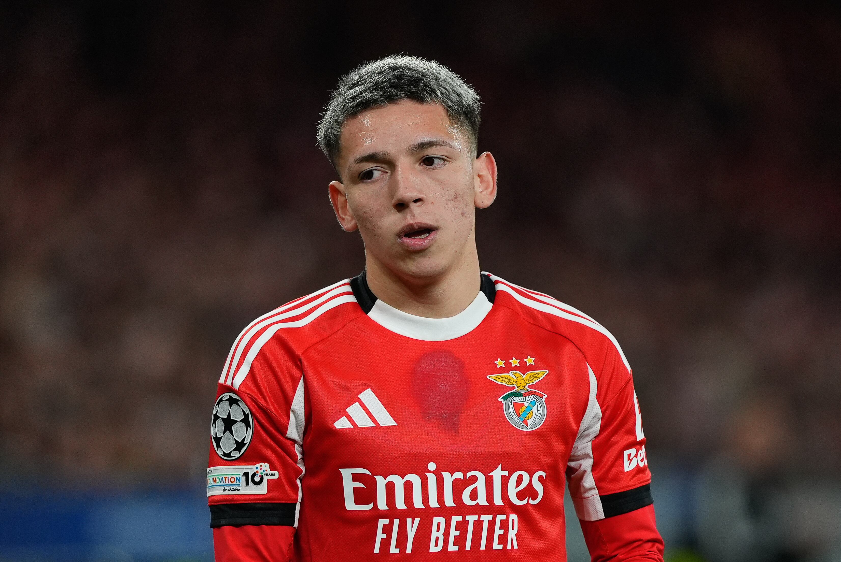 Gianluca Prestianni of SL Benfica in action during UEFA Champions League 2025/26 KO play-offs 1st leg between SL Benfica and Real Madrid CF at Estadio da Luz in Lisbon, Portugal. 17/02/2026 (Photo by Bruno de Carvalho / Brazil Photo Press via AFP)
