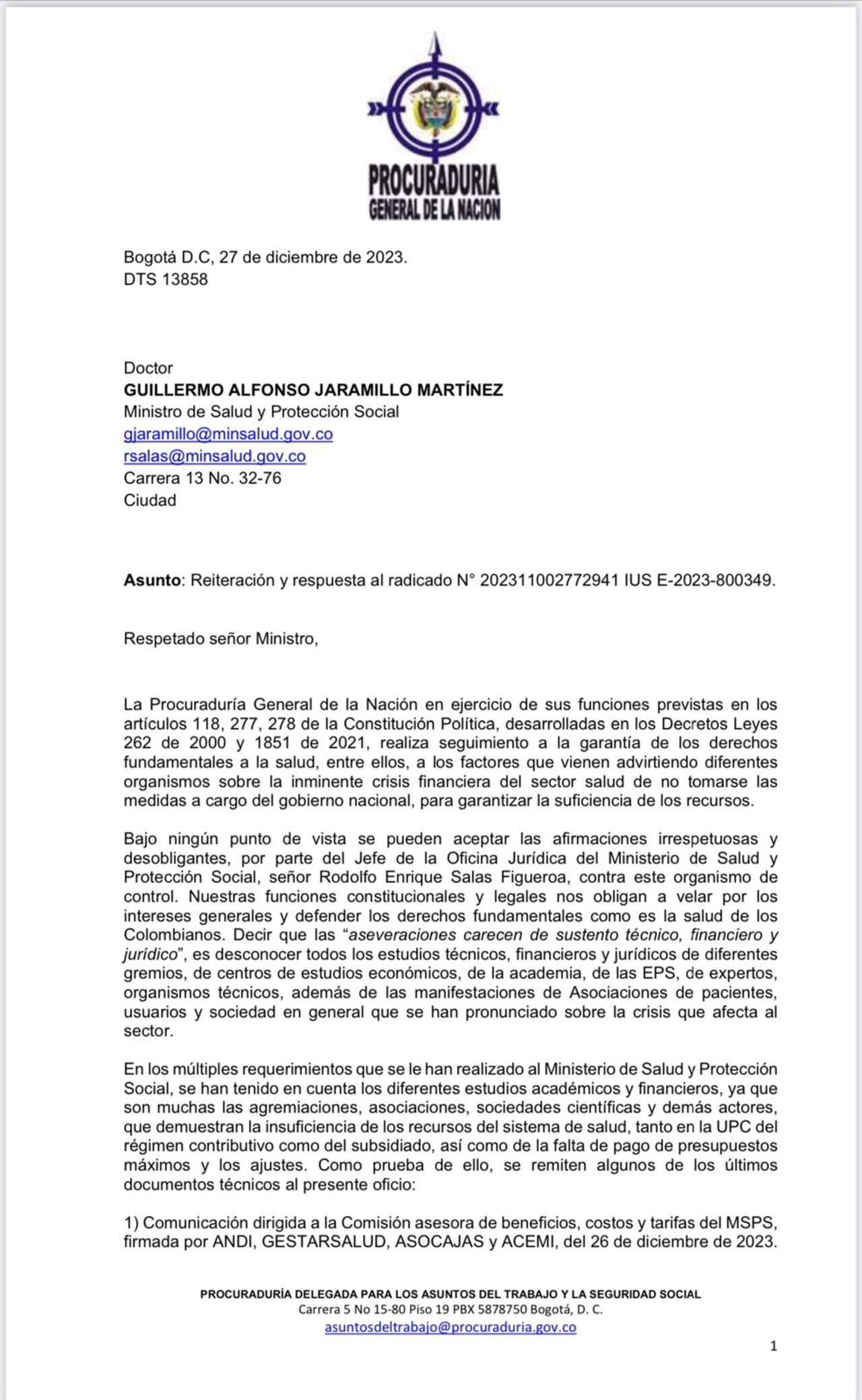 Carta de la Procuraduría a Minsalud