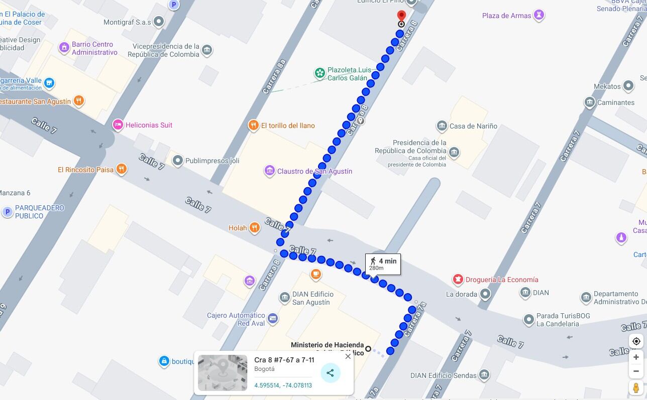 Este fue la ruta que siguieron el ministro de Hacienda, Ricardo Bonilla y su asesora, María Alejandra Benavides para reunirse con el ministro del Interior, Luis Fernando Velasco.