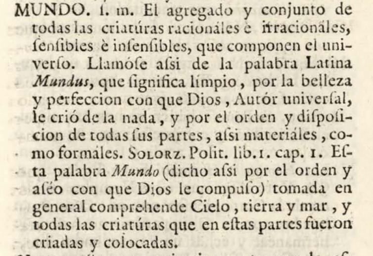 Primera entrada de Mundo en el Diccionario de Autoridades - Tomo IV (1734), p. 631. BNE - Biblioteca Digital Hispánica