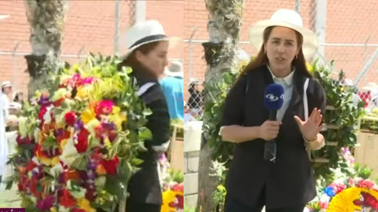 Érika Zapata con una silleta de flores en su espalda.