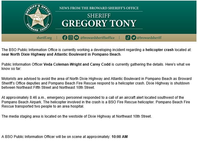 Según el comunicado emitido por la oficina del Sheriff No está claro en este momento si los heridos estaban a bordo del helicóptero o en tierra.