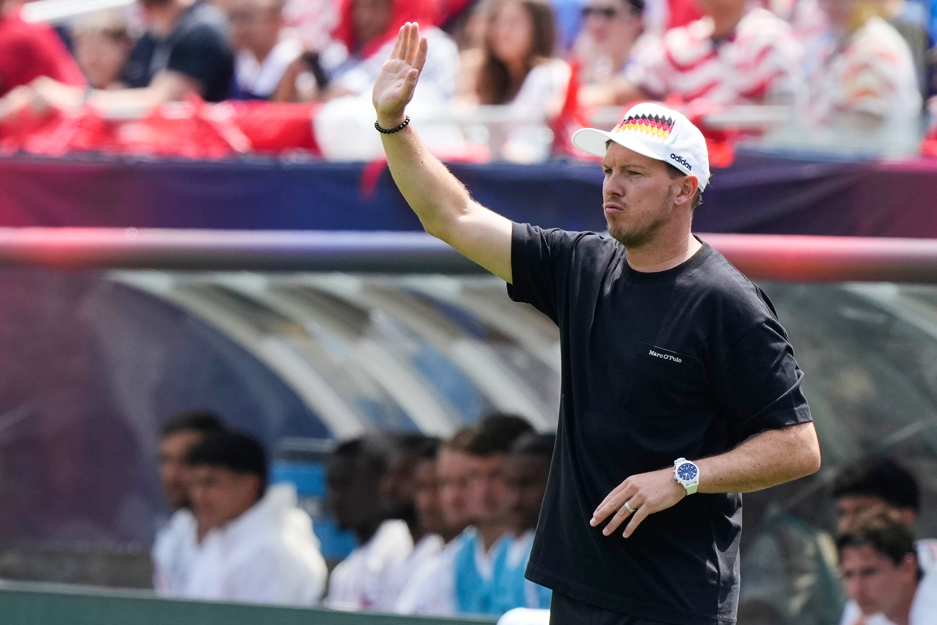 Germany head coach Julian Nagelsmann signals to his team during the first half of an international friendly soccer match against the United States in Chicago, Saturday, June 6, 2026. (AP Photo/Nam Y. Huh)