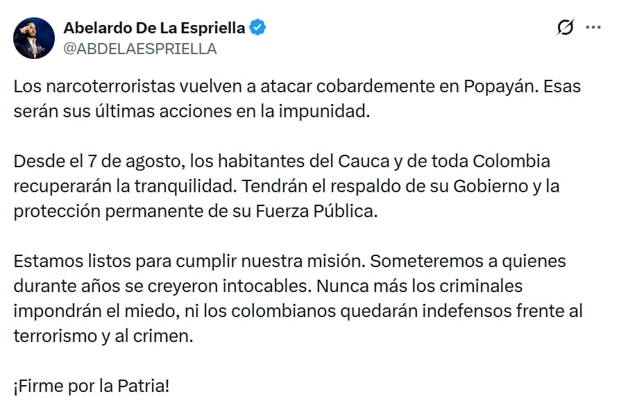 Mensaje en redes sociales de Abelardo De La Espriella.